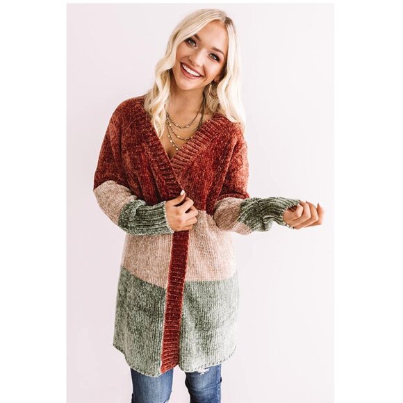 Entro Color Block Chenille Cardigan Sweater Size Small NWT Soft Cozy Fall Layeri - Picture 1 of 12